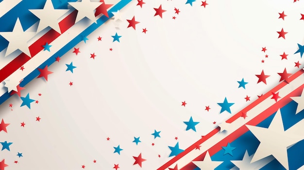 A patriotic themed banner with large and small stars in red blue and white with diagonally striped