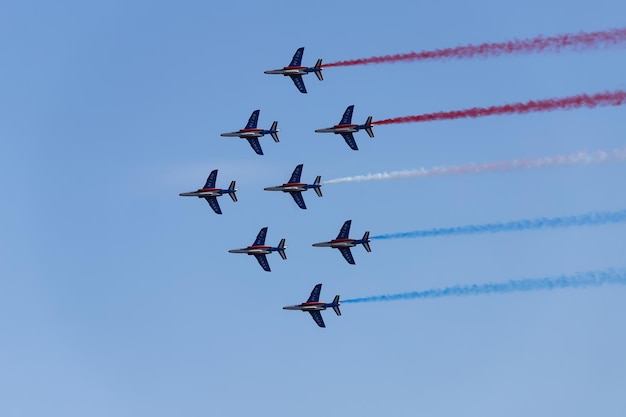 Patrouille de France aerobatics team famous demonstration of French Air force Alpha jets of Patrouille de France in full formation