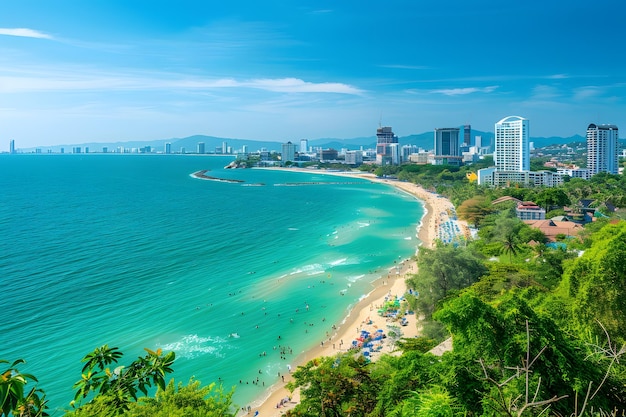 Photo pattaya cityscape with beach and buildings aerial view