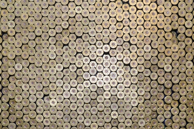 Pattern of 12 gauge cartridges for shotgun bullets Shells for hunting rifle close up Backdrop for shooting range or ammunition trade concepts