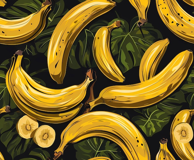 pattern of bananas and banana slices with green plants