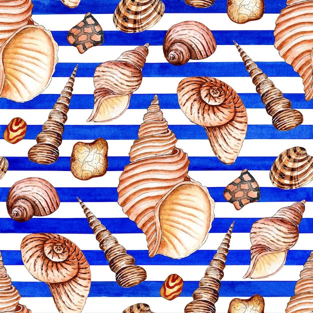 Pattern of beige seashells on a striped watercolor background