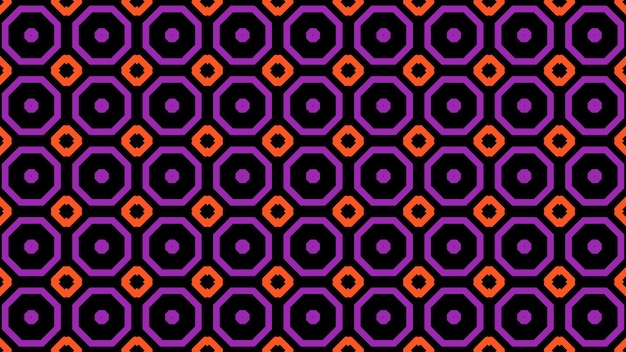 A pattern of black and orange circles with a purple background.