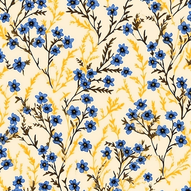 Pattern of blue flowers on rooster background generated ia