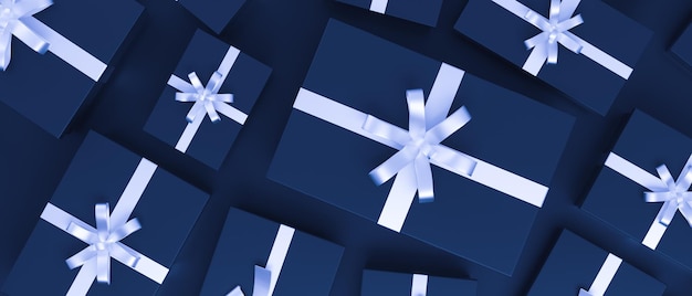 Pattern of Blue gifts with white ribbon on an elegant dark blue background