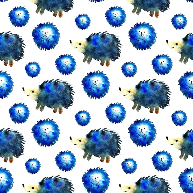 Pattern blue hedgehogs watercolor