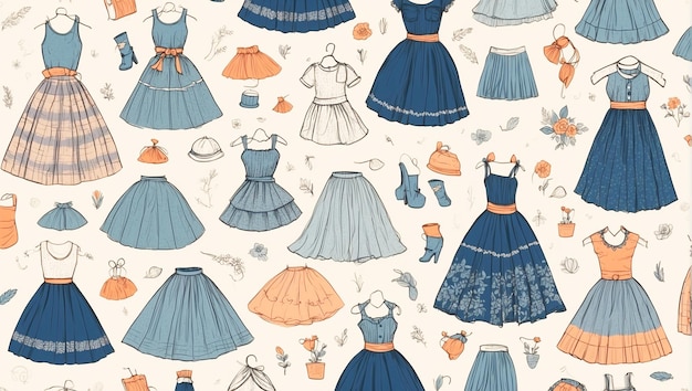 Pattern of blue skirts and dresses on a flat colored background springsummer collection clothes