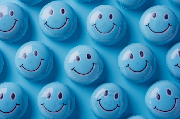 Photo pattern of blue smiley faces on a matching blue background creating a cheerful and happy vibe