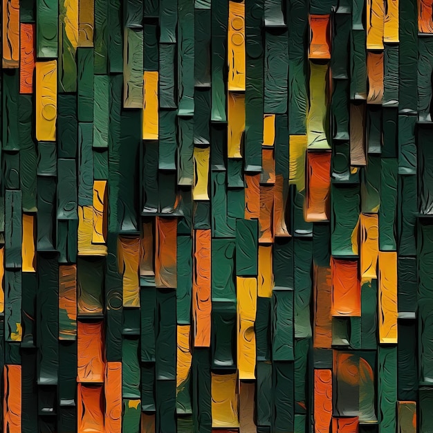 a pattern of bricks with yellow leaves and green roots in the style of dark orange and emerald