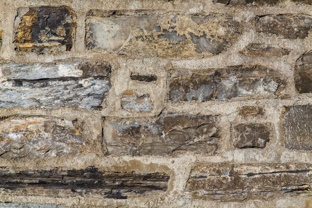 Pattern brown color of old stone wall uneven cracked real stone wall surface with cement