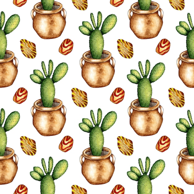 Pattern cactus in pots and pebbles watercolor