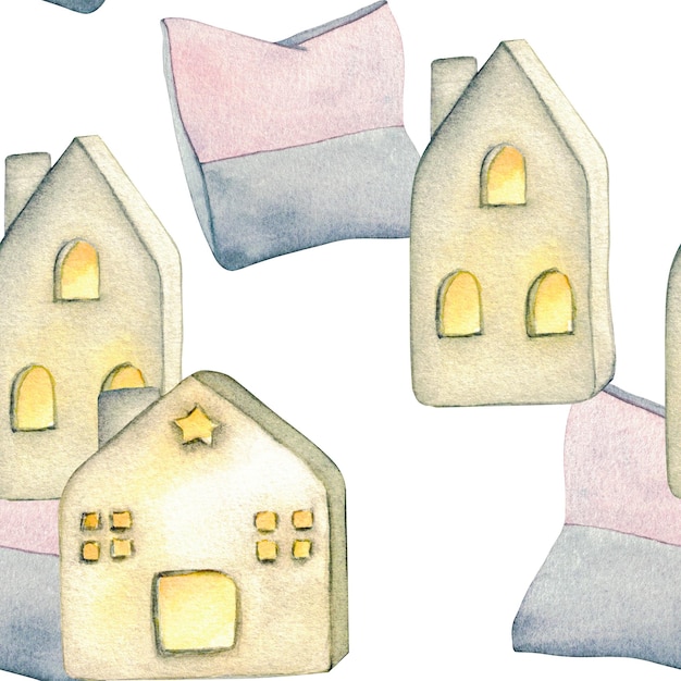 Pattern Ceramic houses lanterns pillows Watercolor illustration interior of living room Clipart Home decor elements on a white background