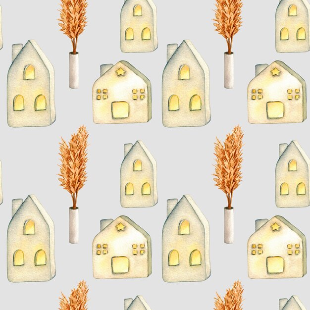 Pattern Ceramic houses lanterns vase with dried flowers Watercolor illustration interior of living room Clipart Home decor elements on a white background