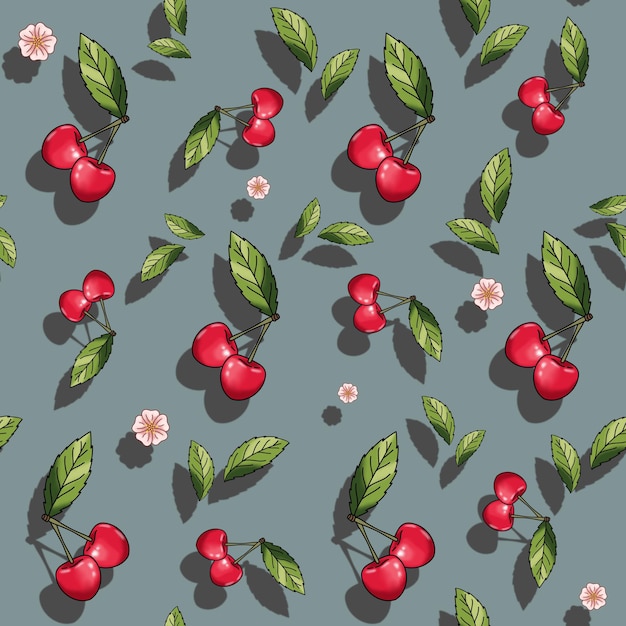 Photo a pattern of cherries with a flower and leaves