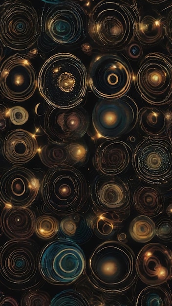 A pattern of circles and dots on a black background