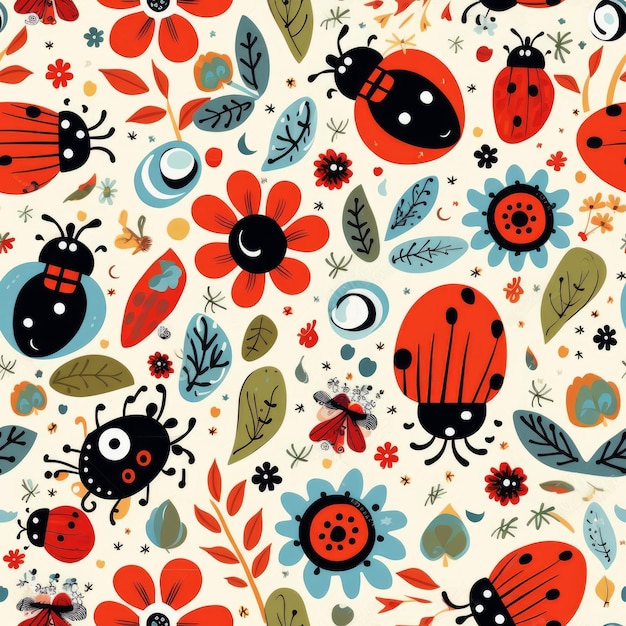 A pattern of colorful bugs and flowers with a ladybug on the bottom.