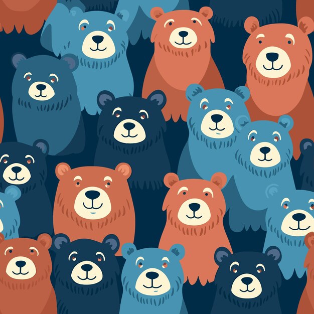 a pattern of cute bears with different colors on a dark background