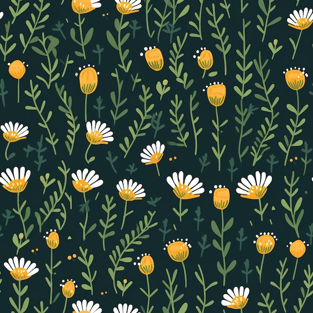 A pattern of daisies and leaves on a dark background.