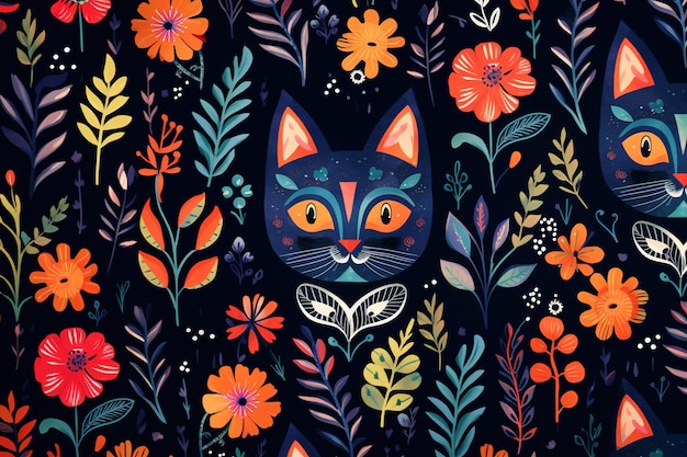 Pattern design using cat head and flowers and leaves Pet Animals Illustration Generative AI