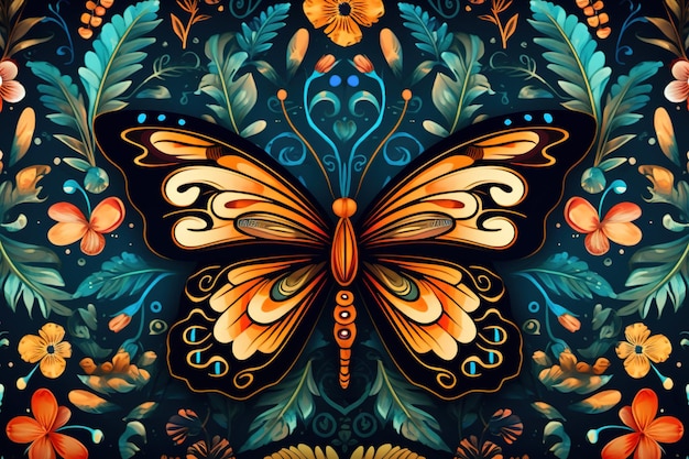 Pattern design using colorful butterfly and flowers and leaves Pet Animals Illustration Generative AI