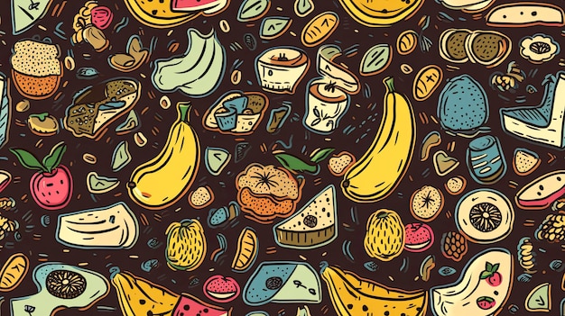 A pattern of different fruits and vegetables including cheese, avocado, and cheese.