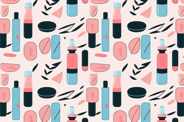 A pattern of different makeup products including a tube of lipstick.