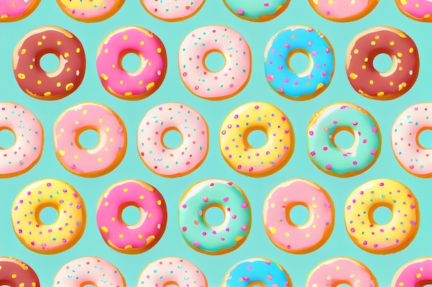 A pattern of donuts with different colors and the word donuts on the top.