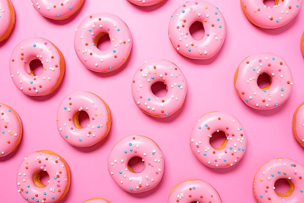 pattern of donuts with pink glazed and pink background