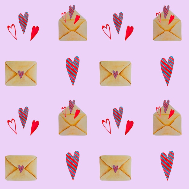 A pattern of envelopes and hearts Watercolor illustration valentine's day A love message