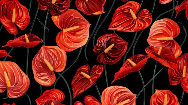 Photo pattern featuring vibrant red anthurium flowers arranged in a modern botanical illustration