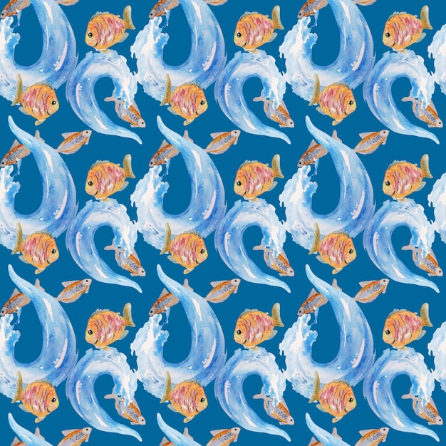 A pattern of fish and a fish that is blue and white