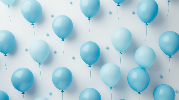 Pattern of floating blue balloons on white background festive celebration concept gender reveal party background with copy space