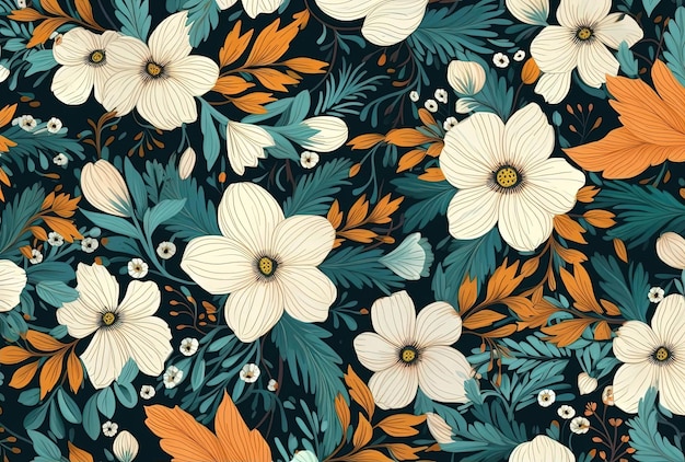 a pattern of flowers and branches in the style of light orange and teal