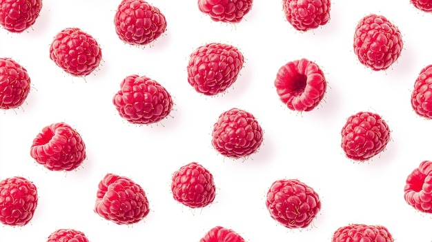 Photo pattern of fresh red raspberries from a flat view isolated on a white background in the summer this fruit is refreshing and high in vitamins