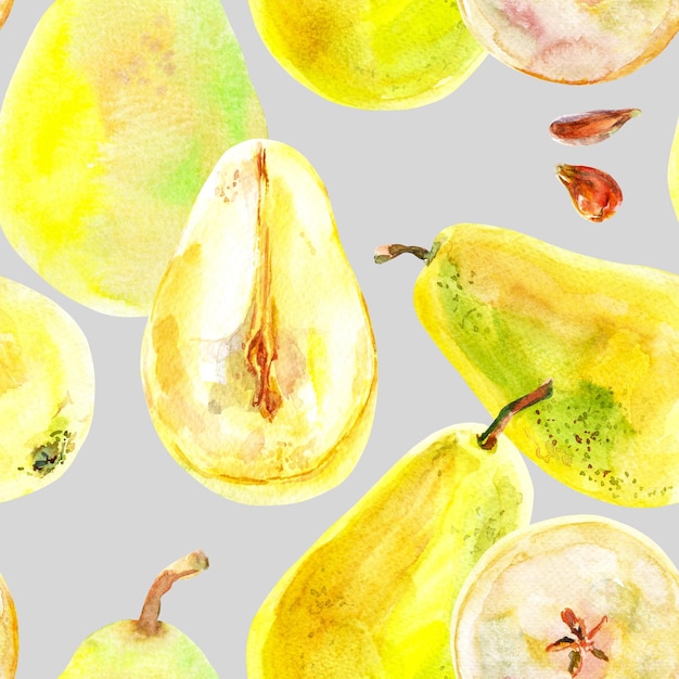 Pattern of fresh ripe yellow honey pear fruits Hand drawn watercolor illustration Delicious aromat