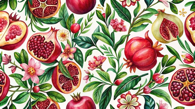 a pattern of fruits and flowers with the words pomegranates and berries