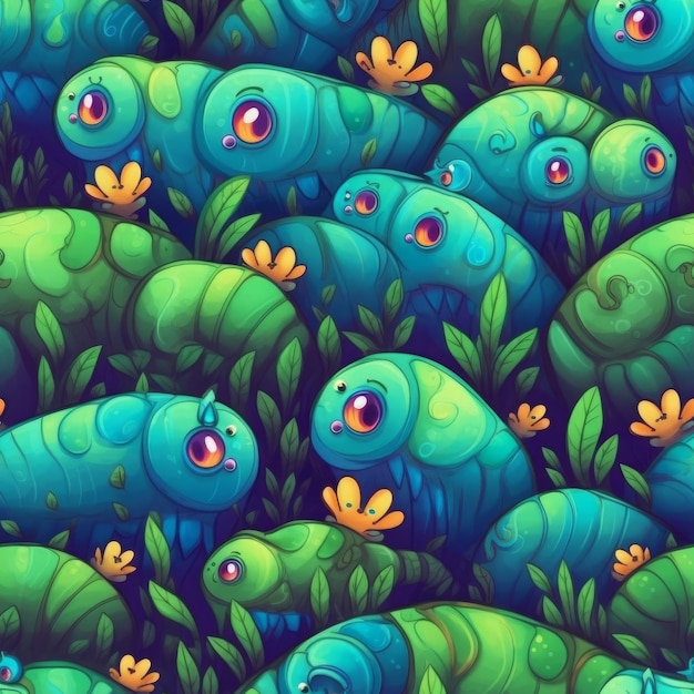 A pattern of green and blue caterpillars with yellow flowers on a dark background.