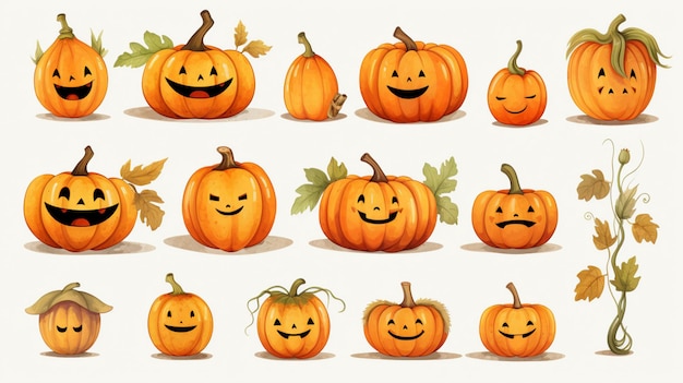 Photo pattern halloween pumpkin set with cute pumpkins a series of pumpkins with a smile on them