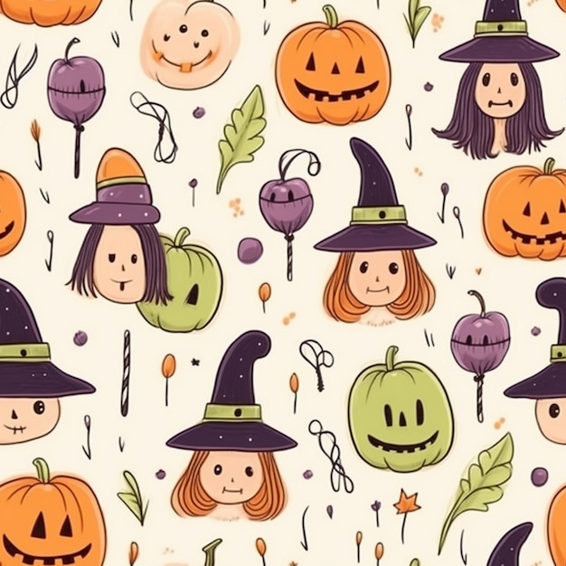 A pattern of halloween pumpkins and witches with hats generative ai