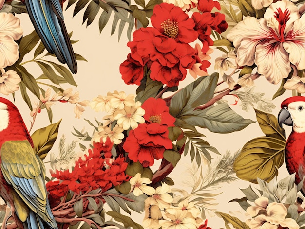 Pattern hawaiian vintage with parrot and flowers Hawaii background