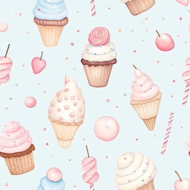 Pattern of ice cream cones in colorful watercolor painting