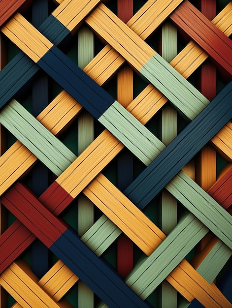 A pattern of intersecting wooden lines in a variety of colors