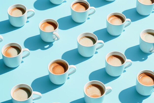 Photo pattern of many coffee cups arranged on blue surface with blue background capture attention in cafe setting