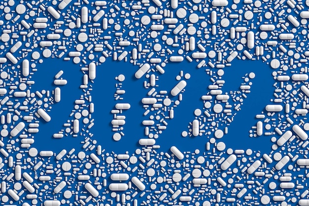 A pattern of many pills scattered on a blue background in the form of figures 2021. 3D illustration