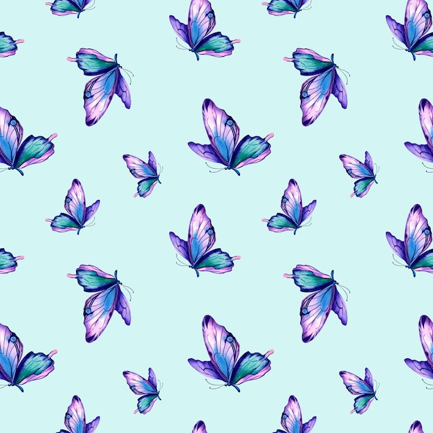 Photo a pattern of morpho butterflies watercolor illustration on an isolated background multicolored wings purple pink animals wildlife