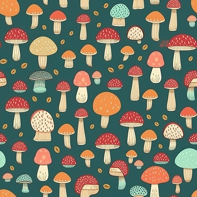 A pattern of mushrooms with a green background