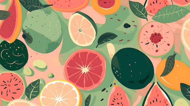 Pattern_of_Plant_2D_Flat_General_Illustration_Pattern_Fruit_Green_and_Pink_Fr_minimalist_decoration_