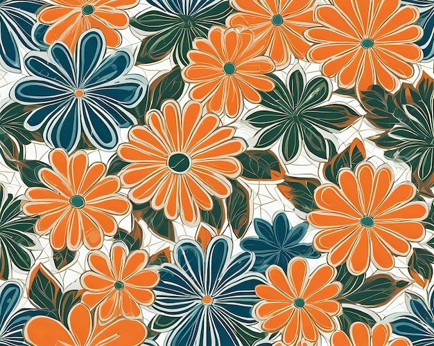 pattern of orange green and blue flowers on a white background seamless pattern design