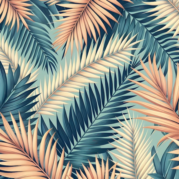 A pattern of palm leaves and blue leaves ai generator