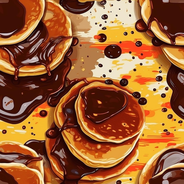 A pattern of pancakes with chocolate sauce and the words " pancakes " on the bottom.